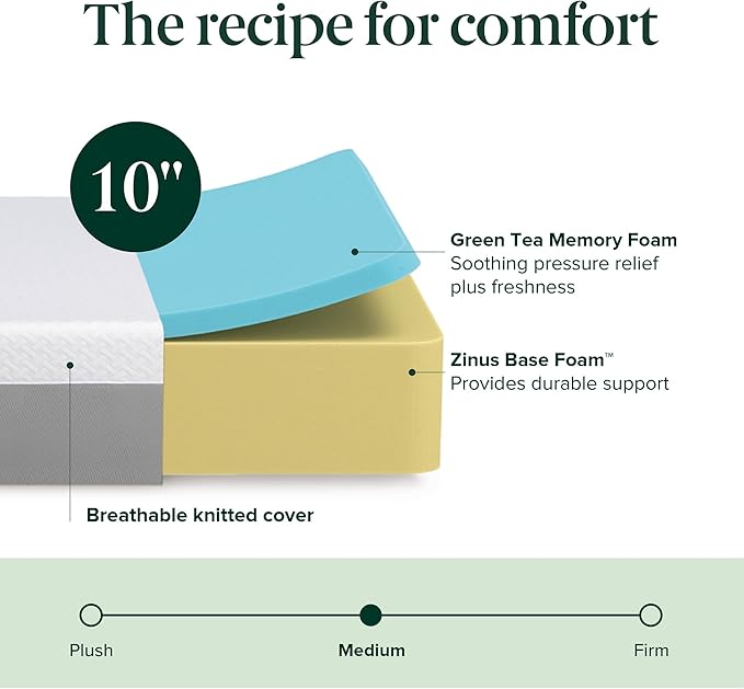 ZINUS 10 Inch Green Tea Essential Memory Foam Mattress [New Version], King, Fiberglass Free, Medium Feel, Breathable Airflow Memory Foam, Certified Safe Foams & Fabric, Mattress in A Box