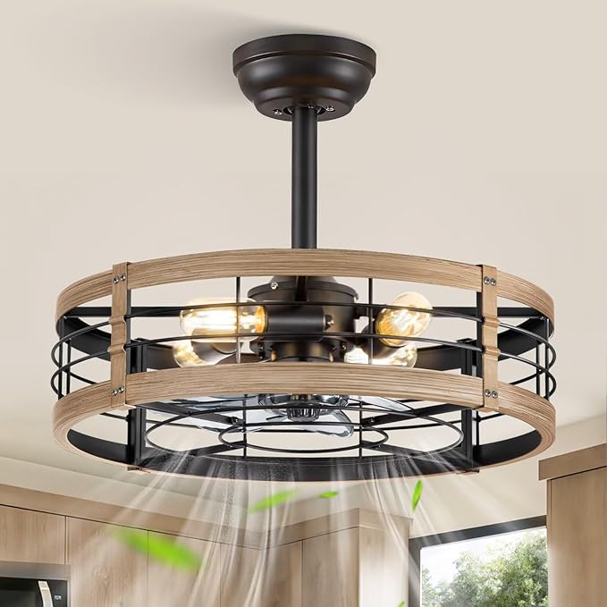 LEDIARY 20 Inch Fandelier Caged Ceiling Fan with Light, Bladeless Ceiling Fan with Remote, Small Farmhouse Fan Lights Ceiling Fixtures for Kitchen, Bedroom-Brown