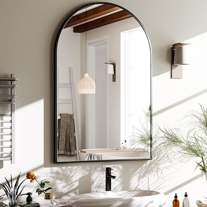 HARRITPURE 20"x30" Arched Bathroom Mirror - Wall Mounted Mirror - Black Arch Mirror - Aluminum Alloy Frame Bathroom Mirror Living Room, Bedroom and Entryway