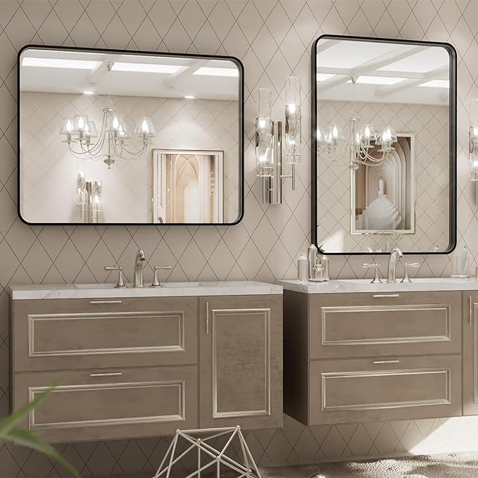 LOAAO 24X32 Inch Black Metal Framed Bathroom Mirror for Wall, Matte Black Bathroom Vanity Mirror Farmhouse, Large Rounded Rectangle Mirror, Anti-Rust, Hangs Horizontally or Vertically