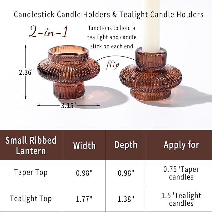 Taper Glass Candlestick Holders Tealight Candle Holders for Table Centerpieces, Fall Wedding Decor and Dinner Party Halloween Thanksgiving Decor (8 Pcs, Brown)