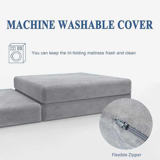 SINWEEK 4" Queen Folding Mattress with Storage Bag - Foldable Trifold Floor Bed Topper, CertiPUR-US Certified Guest Sleeping Pad, Machine Washable Cover & Waterproof Inner Lining