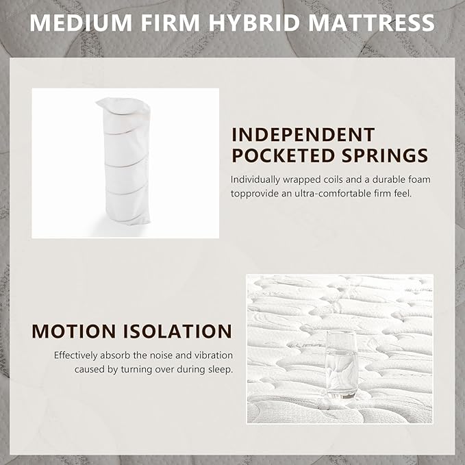 Queen Mattress 12 Inch Hybrid Mattress Queen in a Box with Bamboo Cover - Memory Foam Mattress with Strong Support and Motion Isolation - Medium Firm Mattress with Pocket Springs