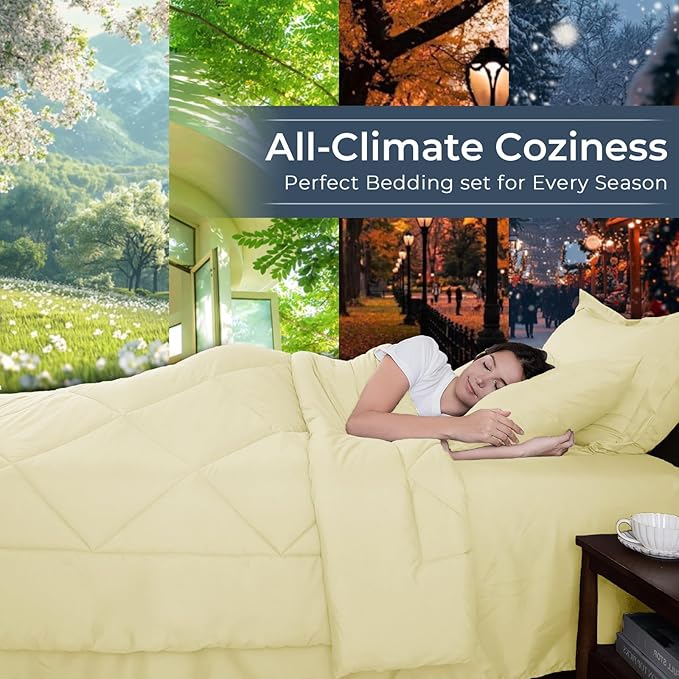 HEVUMYI Cream Yellow Queen Comforter Set - 7-Piece All Season Bed in a Bag Queen, Ultra Soft Bedding Set with Comforter, Flat Sheet, Fitted Sheet, Pillowcases, Pillow Shams