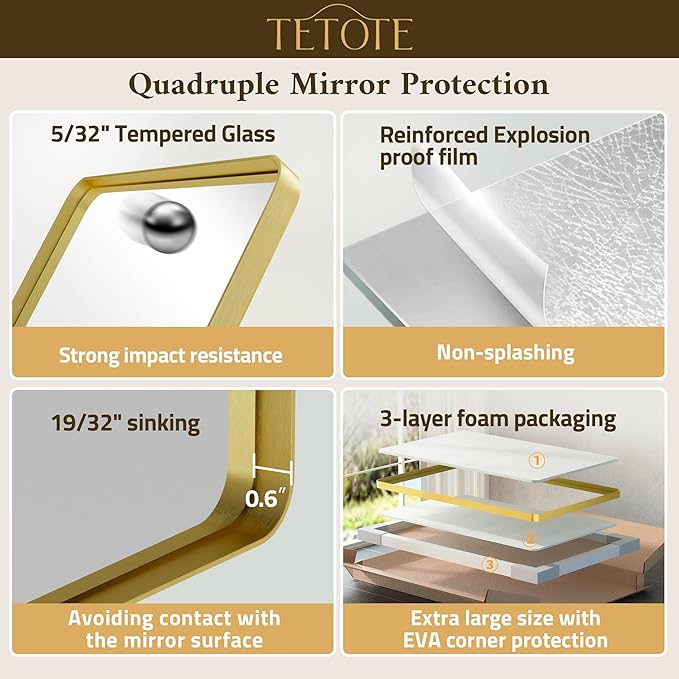 TETOTE Gold Bathroom Mirror 40 x 30 Inch Brushed Gold Metal Framed Vanity Mirror, Tempered Glass, Wall Mounted for Bathroom, Entryway, Bedroom, Living Room(Horizontal/Vertical)