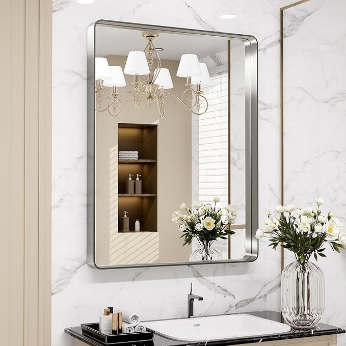 LOAAO 32X36 Inch Brushed Nickel Bathroom Mirror, Rounded Rectangle Silver Metal Frame Mirror, Brushed Nickel, Anti-Rust, Hangs Horizontally or Vertically