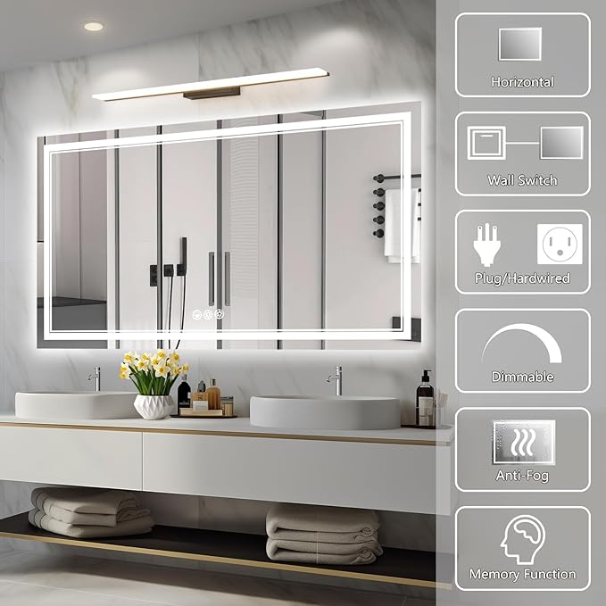 55x30 Inch Led Mirror for Bathroom with Front Light and Backlit, Dimmable Anti Fog Wall Bathroom Mirror with Led Lights, Water Proof, Decor Vanity Mirror