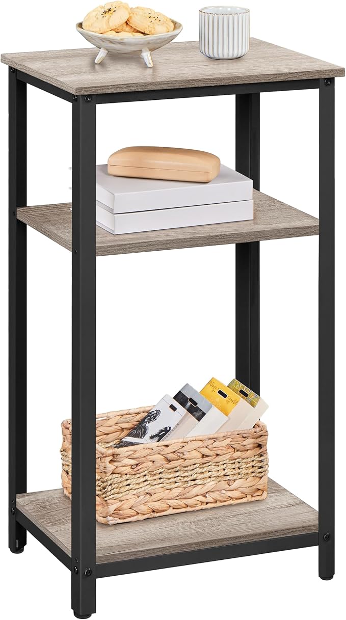 Yaheetech 30 in Tall End Table, 3-Tier with Strong Wooden Shelves, Small Side Table with Metal Frame for Living Room Office, Small Places, Gray