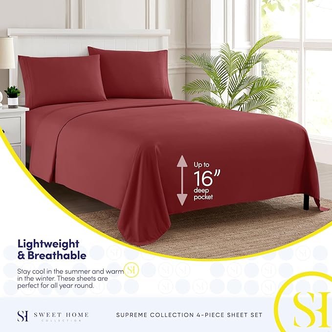 RV Queen Bed Sheets - Breathable Luxury Sheets with Full Elastic & Secure Corner Straps Built In - 1800 Supreme Collection Extra Soft Deep Pocket Bedding Set, Sheet Set, RV Short Queen, Burgundy