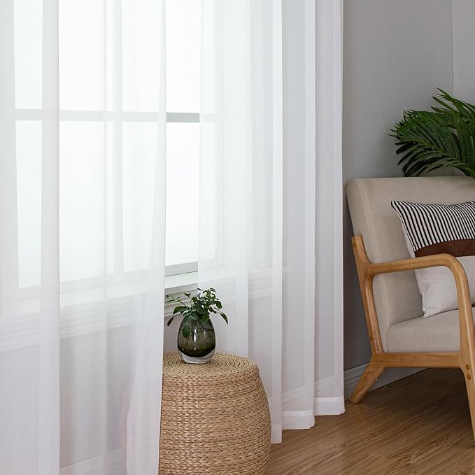 Aiyufeng Voile Sheer Window Curtains 120 inch Extra Long, Rod Pocket Elegant and Airy Drapes Translucent Window Treatments for Living Room/Bedroom, White, 40" Wx120 L, 2 Panels=80" Wide