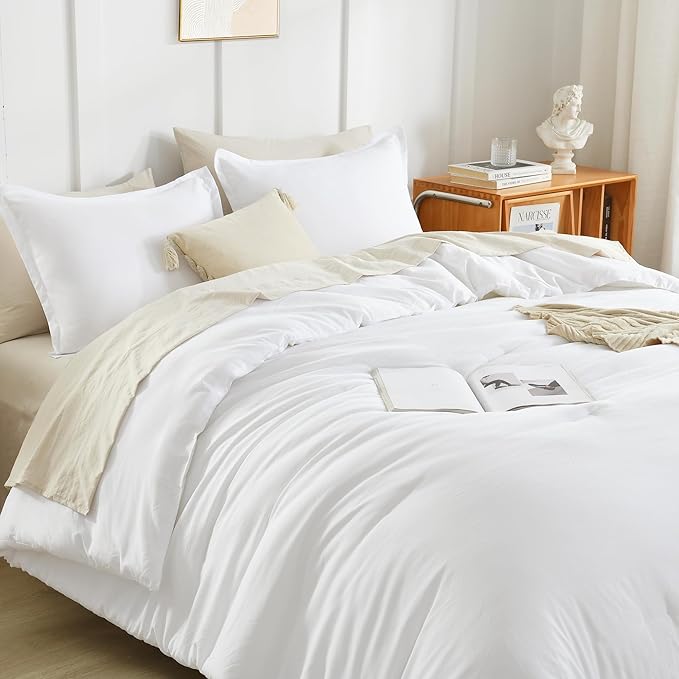 Litanika White Comforter King Size, 3 Pieces Lightweight Solid Bedding Comforter Set, All Season Fluffy Bed Set (104x90In Comforter & 2 Pillowcases)