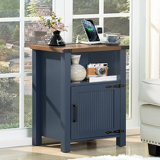 Night Stand with Charging Station and USB Port, 18 Inch Farmhouse Nightstand with Storage Shelf, Rustic Couch End Table with Magnetic Door, Wood Bed Side Tables for Bedroom, Home, Nayv Blue