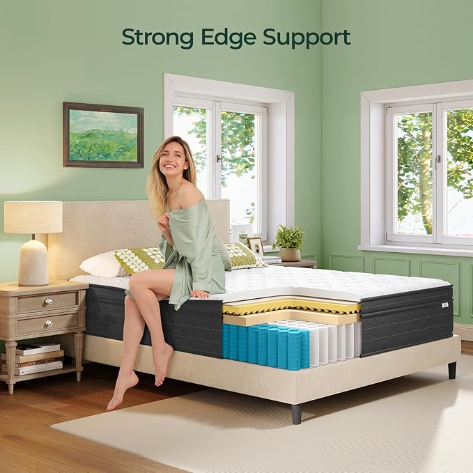 koorlian Queen Mattress 10 Inch - Cooling Hybrid Mattress in a Box for Back Pain Relief - Pocket Spring & Memory Foam | Fiberglass-Free, Medium Firm Feel, CertiPUR-US, 120 Nights Trial