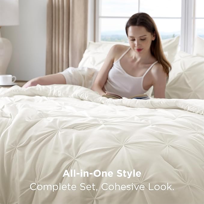Bedsure King Size Comforter Set Ivory - Bed in a Bag Bedding Set 7 Pieces, GentleSoft™ Pintuck Bed Set Gift for Family, Pinch Pleat Ivory Comforter with Sheets, Pillowcases & Shams