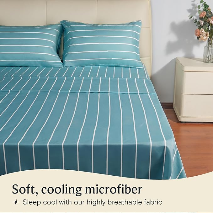 LuxClub 4 PC Queen Size Sheet Set Bed Sheets, Breathable Luxury Deep Pockets 16" Wrinkle Free Cooling Sheets Machine Washable Hotel Bedding (Queen, Striped Light Blue)