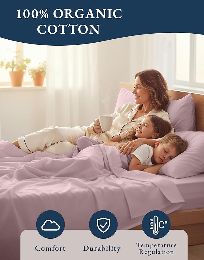 LANE LINEN 100% Organic Cotton Sheets Full Size Bed, Machine Washable Fully Elasticized Low Pill Fade Resistant Cotton Sheets, Soft & Comfy Percale Eco Friendly sábanas Full -Sepia Rose