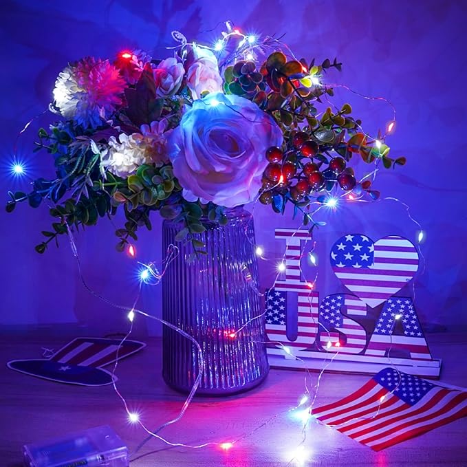 Christmas Fairy Lights Decorations, 4-Pack Red White and Blue Battery Operated Lights with Timer, Waterproof 16FT 50 LED String Light Indoor Outdoor for Xmas Tree Party Home Memorial Day DIY Decor