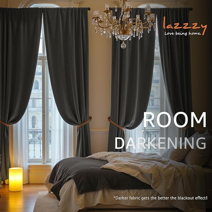 Lazzzy Velvet Blackout Curtains Thermal Insulated Room Window Drapes Super Soft Luxury Curtains for Living Room Bedroom Rod Pocket 2 Panels, Grey, 62" W x 90" L
