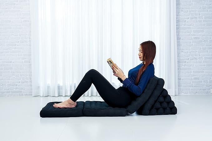 Leewadee Comfortable Japanese Floor Mattress - Thai Floor Bed with Triangle Cushion - Futon Mattress - XL Extra Long Thai Massage Mat, 89 x 20 inches, Black, Kapok Filling