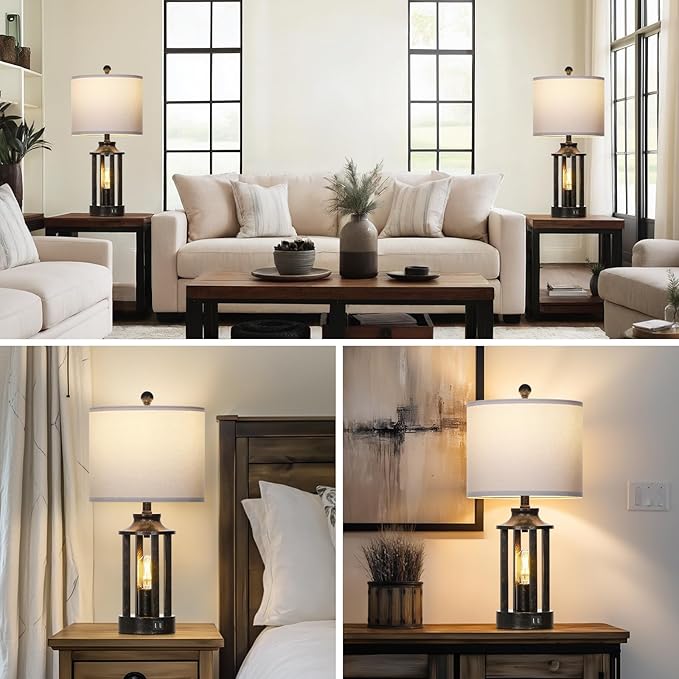 Farmhouse Table Lamps Set of 2, Vintage Living Room Lamps with 2 USB Ports, 3 Way Dimmable Touch Control Bedroom Lamp with 2 LED Nightlight, 23.5" Bedside Lamp for Nightstand Side End Table, Bronze