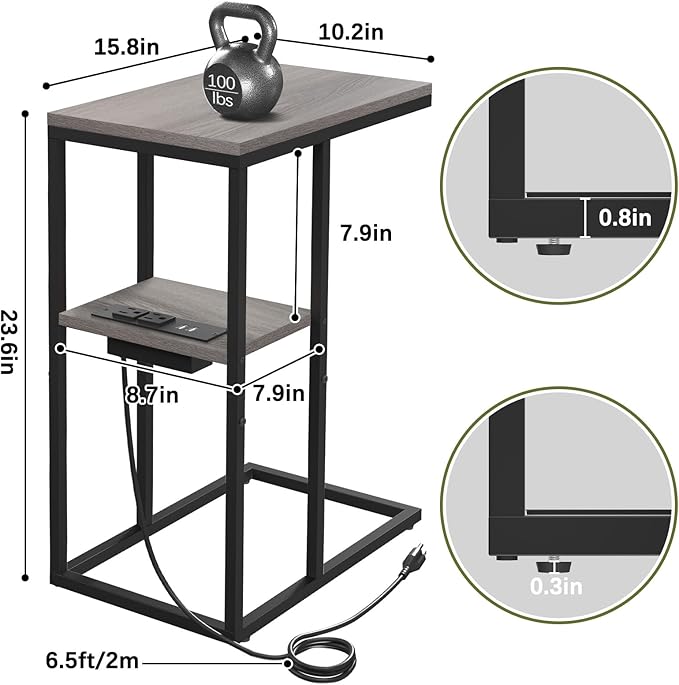 Yoobure C Shaped End Table with Charging Station, Small Side Table for Living Room, Bedroom, Sofa with USB Ports and Outlets for Small Spaces, C Couch Rustic Snack Bed Side Table