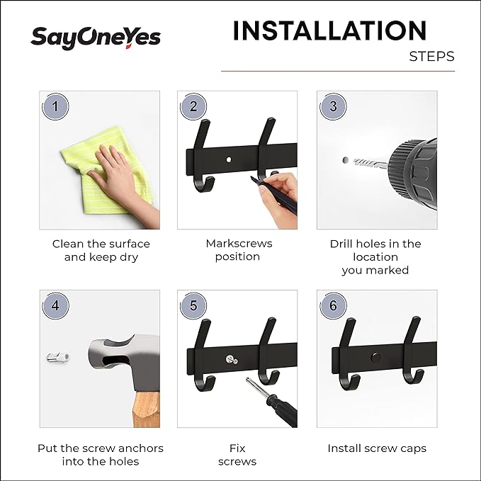 Matte Black Coat Rack Wall Mount – 17 Inch Stainless Steel Hook Rail with 6 Double Coat Hooks – Wall Mounted Entryway Organizer for Coats, Hats, Bags, Towels, Robes, Closet or Bathroom - 3 Pack