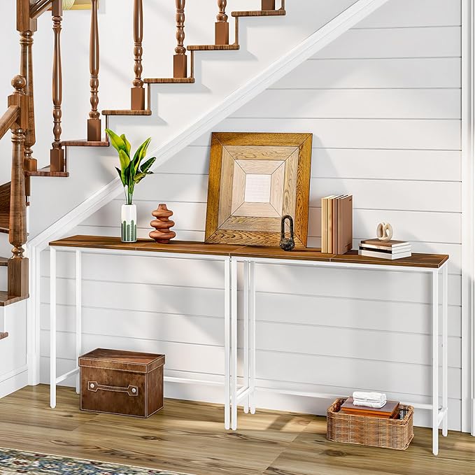 HOOBRO Narrow Console Table, 29.5" Small Entryway Table, Thin Sofa Table, Side Table, Display Table, for Hallway, Bedroom, Living Room, Foyer, White and Walnut WH75XG01