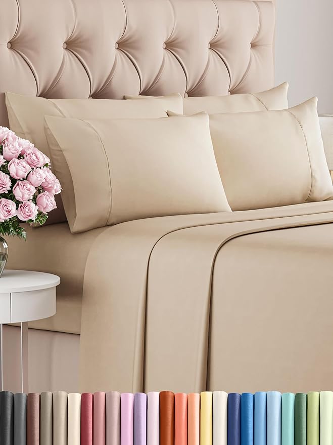 Full Sheets Set 6 Piece - Includes 4 Pillowcases - Bed Sheets Full Size - Soft Hotel Luxury Bedding - Cooling, Comfy, Fade Free & Breathable - 1 Flat & 1 Fitted & 4 Pillowcases w/ Deep Pockets - Cream