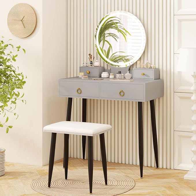 CHARMAID Vanity Desk with Mirror and Lights, Makeup Vanity with 4 Storage Drawers, 3 Lighting Modes, Adjustable Brightness, Modern Vanity Dressing Table with Stool for Bedroom, Gray & Black