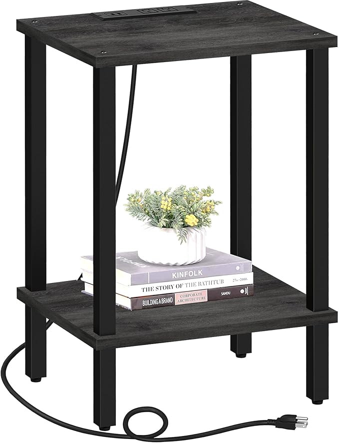 TUTOTAK End Table with Charging Station, Small Side Table with Outlets, Nightstand Bedside Table, 2-Tier Storage Shelf for Small Space, Living Room, Bedroom, Charcoal Grey TB01BY040