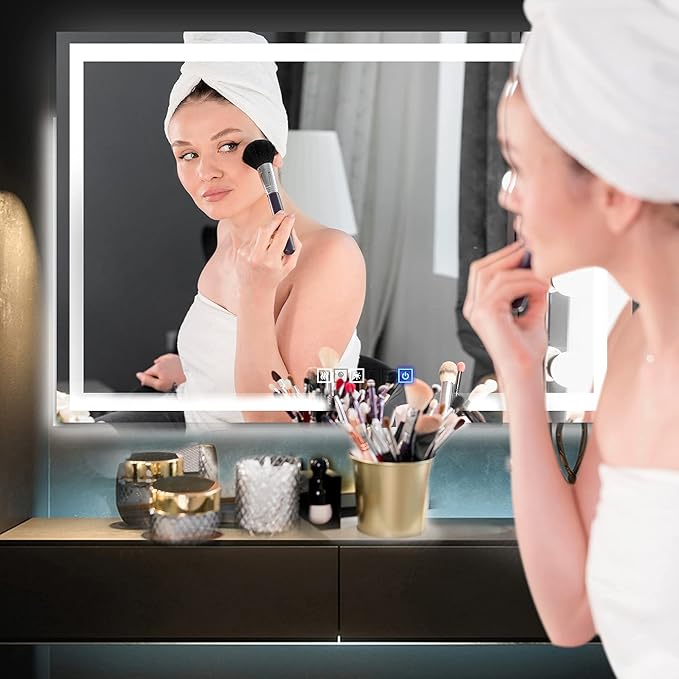 Fab Glass and Mirror Dimmable Lighted Bathroom Wall Vanity with Anti-Fog and Adjustable Colors Rectangular Frameless LED Mirror 40L X 18W Clear