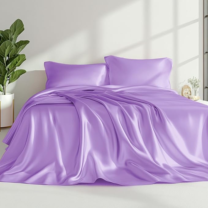 Love's cabin Satin Queen Sheets Set - 4 Piece Lavender Silky Bed Sheets with Deep Pocket, Luxury Silk Feel Satin Queen Size Sheet Set (1 Flat Sheet,1 Fitted Sheet,2 Pillow Cases)