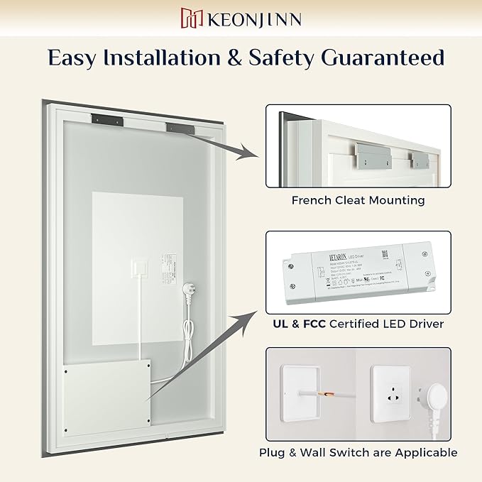 Keonjinn 24 x 40 Inch LED Bathroom Mirror with Backlit, Anti-Fog Vanity Mirror with CRI90+ HD Tempered Glass, Stepless Dimmable, High Lumen, UL Listed, Waterproof, Horizontal/Vertical