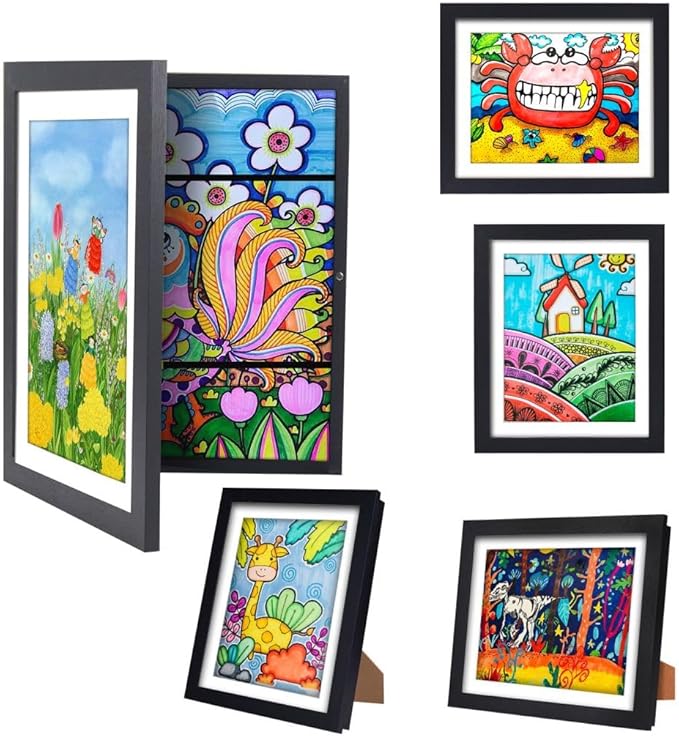 Kids Art Frames,10x12.5 Front Opening Kids Artwork Frames Changeable, Displays 8.5x11 or 9x12 With Mat, Holds 50 Pcs, for 3D Picture,A4 Artwork,Crafts, Childrens Drawing,Art Projects Storage(Wood)
