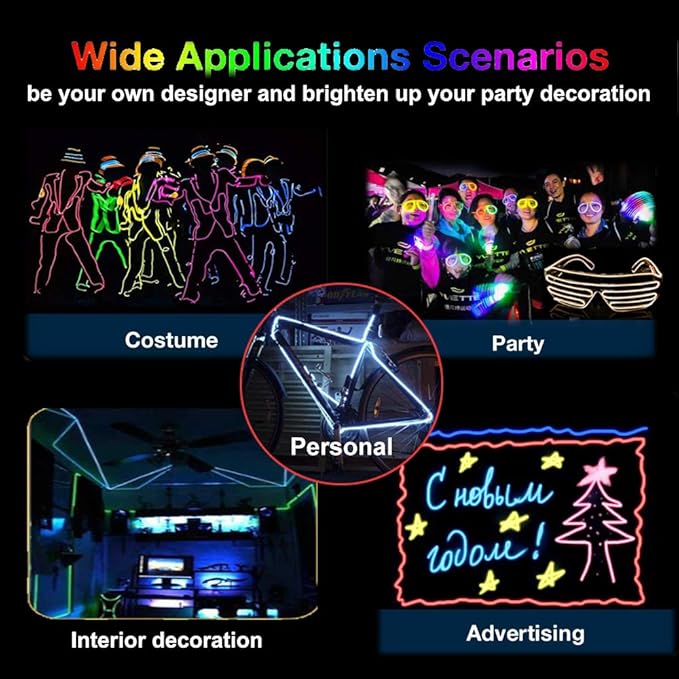 MaxLax EL Wire Blue, 16.4ft/5m Portable Battery Pack Neon Light Strip 360° Cuttable Glowing Rope Lights for Parties, Halloween, DIY Decoration