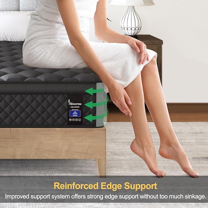 King Mattress, 14 Inch Hybrid Mattresses Black Euro Top Medium Firm for Back & Lumbar Support, 100 Night Trial, Individual Pocket Spring Bed for Motion Isolation & Pressure Relief
