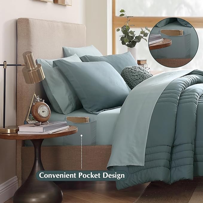 Monbix Full Comforter Set - 7 Pieces Dark Green Bed in a Bag Full Size Bedding Sets with Comforters, All Seasons Down Alternative Comforter with Sheets,Pillowcases & Shams