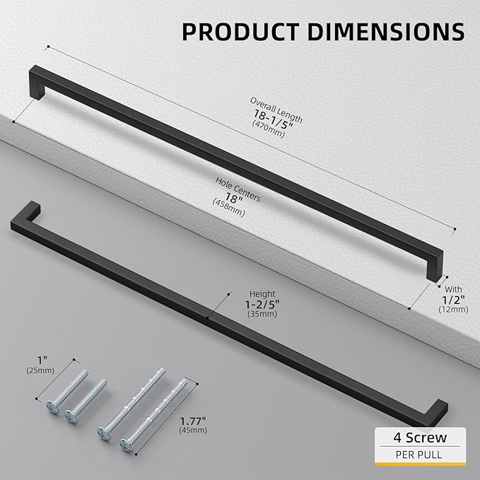 goldenwarm 10 Pack 18 Inch Black Cabinet Handles Matte Black Drawer Pulls Stainless Steel Cabinets Hardware Square Bar Modern for Kitchen Bathroom Cupboard