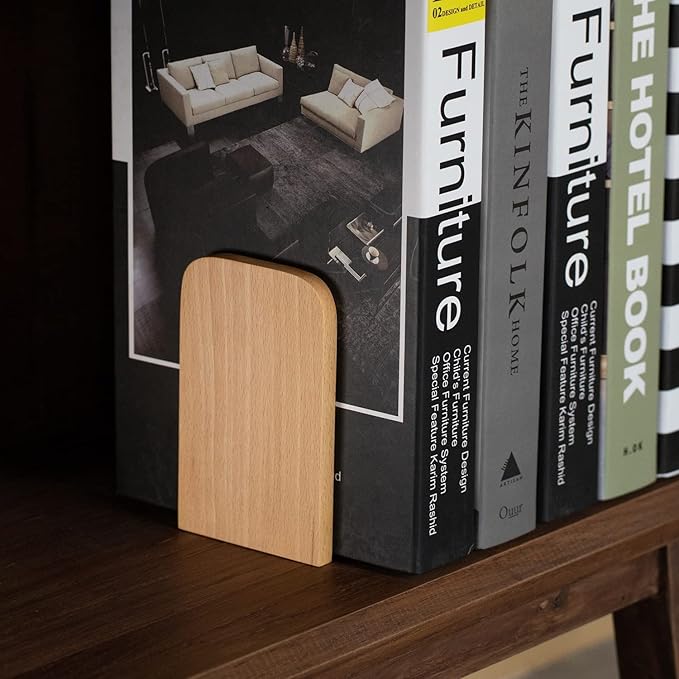 Muso Wood Book Ends for Shelves, Non-Slip Bookends, Heavy Duty Wooden Bookend Support for Books and Movies (Beech 1 Pair)