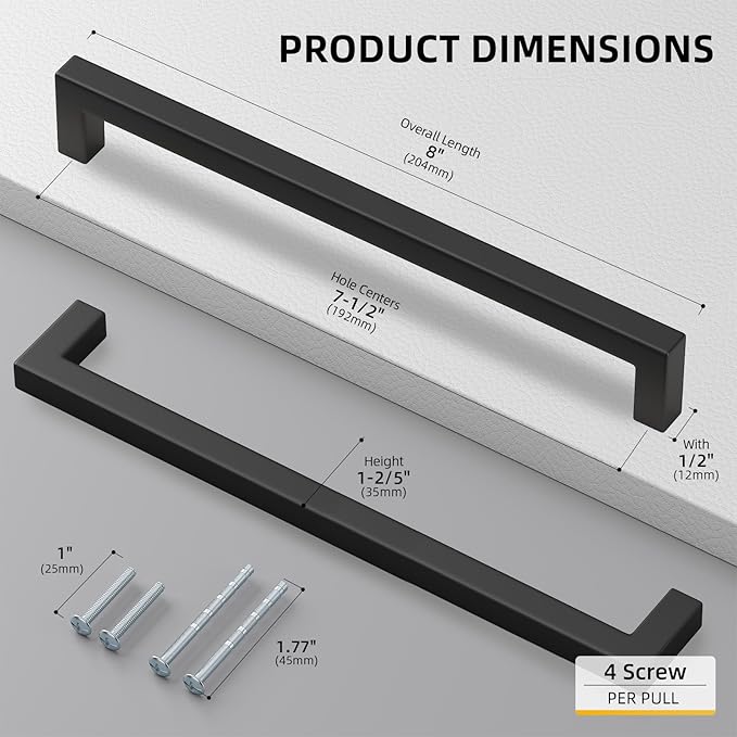 goldenwarm 200 Pack 7-1/2 Inch Black Cabinet Handles Matte Black Drawer Pulls Stainless Steel Cabinets Hardware Square Bar Modern for Kitchen Bathroom Cupboard