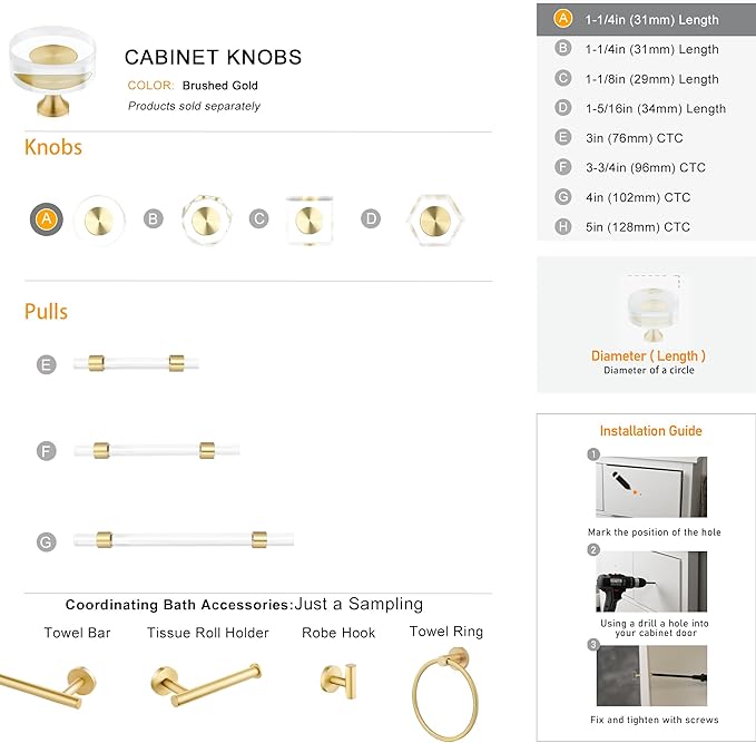 QOGRISUN 15-Pack Brass Crystal Cabinet Knobs,Glass Crystal Gold Drawer Knobs,1-1/4-Inch Round, Decorative Dresser Pulls, Modern Cabinet Hardware