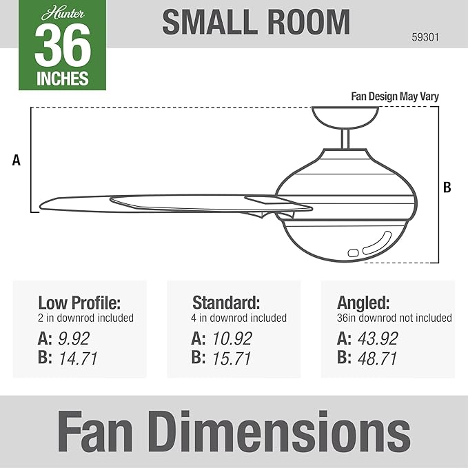 Hunter 36 inch Small Indoor Ceiling Fan with LED Light and Pull Chain - Modern Ceiling Fan, Standard Mount, 3 Blades, For Bedroom, Home Office, or Laundry Room, Quiet - Aker 59301, Fresh White