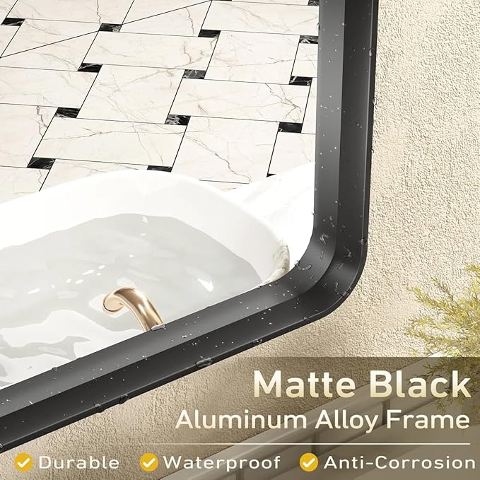 66x40 Inch Black Metal Framed Bathrrom Mirror for Wall, Large Black Matte Rounded Rectangle Bathroom Vanity Mirror, Anti-Rust, Shatterproof, Hangs Horizontally or Vertically