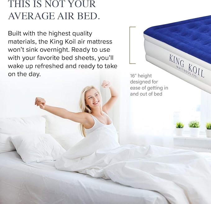 King Koil Full Size Premium Air Mattress with Built-in Pump for Home, Camping & Guests, 16" Inflatable Airbed Double High Adjustable Blow Up Mattress, Durable - Portable and Waterproof