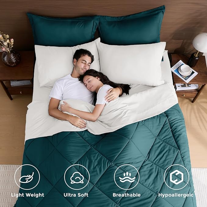 HEVUMYI King Comforter Set - 7-Piece All Season Bed in a Bag King, Ultra Soft Bedding Set with Comforter, Flat Sheet, Fitted Sheet, Pillowcases, Pillow Shams, Peacock Blue & Ivory