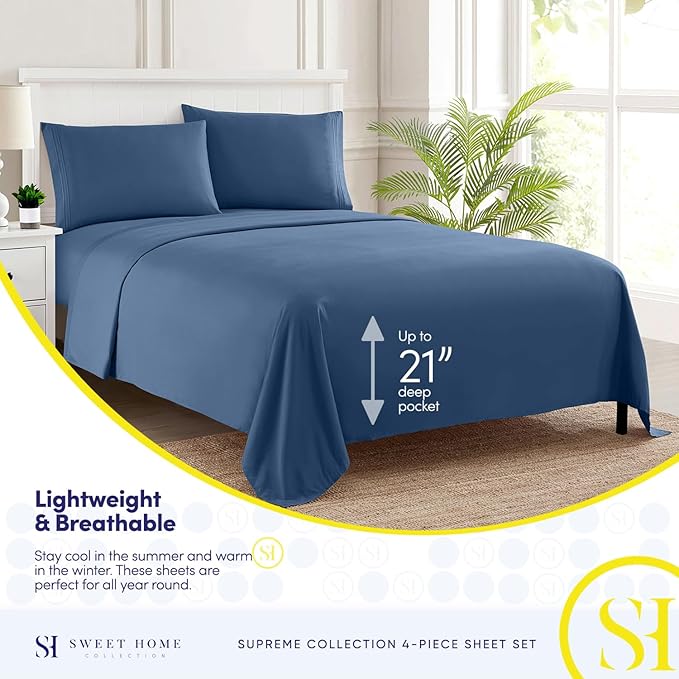 Twin Sheets - Breathable Luxury Sheets with Full Elastic & Secure Corner Straps Built In - 1800 Supreme Collection Extra Soft Deep Pocket Bedding Set, Sheet Set, EXTRA DEEP pocket - Twin, Denim