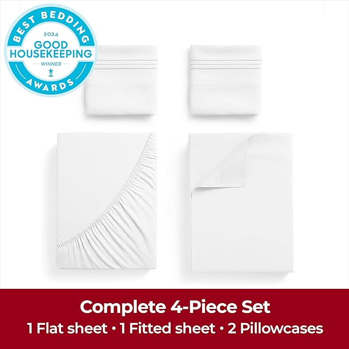 Mellanni Extra Deep California King Sheets - 4 PC Iconic Collection Bedding - Hotel Luxury, Ultra Soft, Cooling Bed Sheets - Wrinkle, Fade, Stain Resistant (Cal King, White)