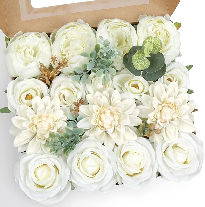 AmyHomie Ivory Artificial Flowers Combo Silk Mix Peony Rose Hydrangea Fake Flowers w/Stem for DIY Wedding Bouquets Centerpieces Arrangements Table Fall Decor Party Bridal Baby Shower Home Decorations
