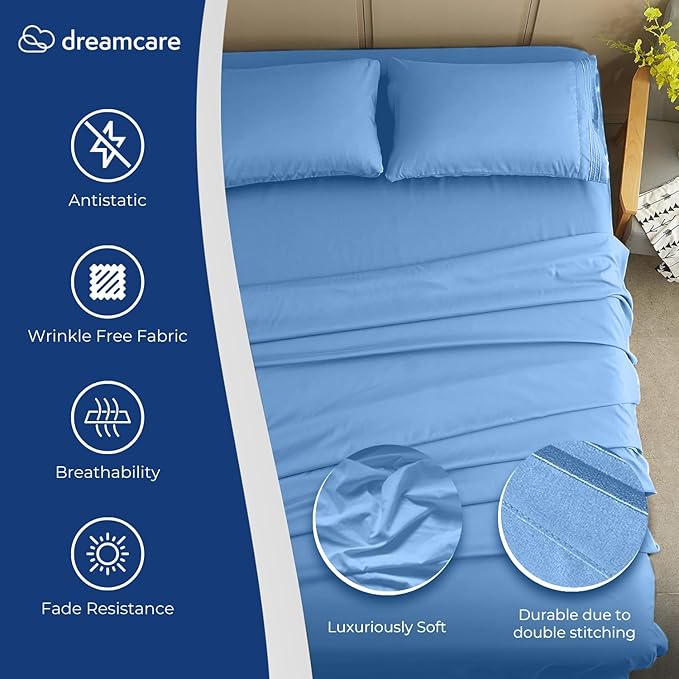 DREAMCARE Twin XL Sheet Set - Cooling Bed Sheets - 4pcs Set - up to 15" Deep Pocket - Soft & Long Lasting 100% Fine Brushed Polyester with Side Pocket - Light Blue