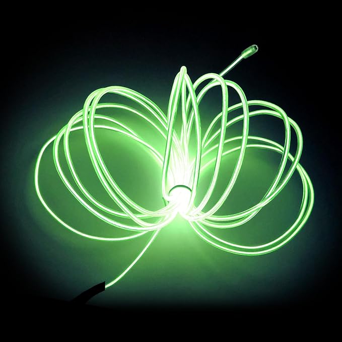 MaxLax EL Wire Fluorescen Green, 16.4ft/5m Portable Battery Pack Neon Light Strip 360° Cuttable Glowing Rope Lights for Parties, Halloween, DIY Decoration